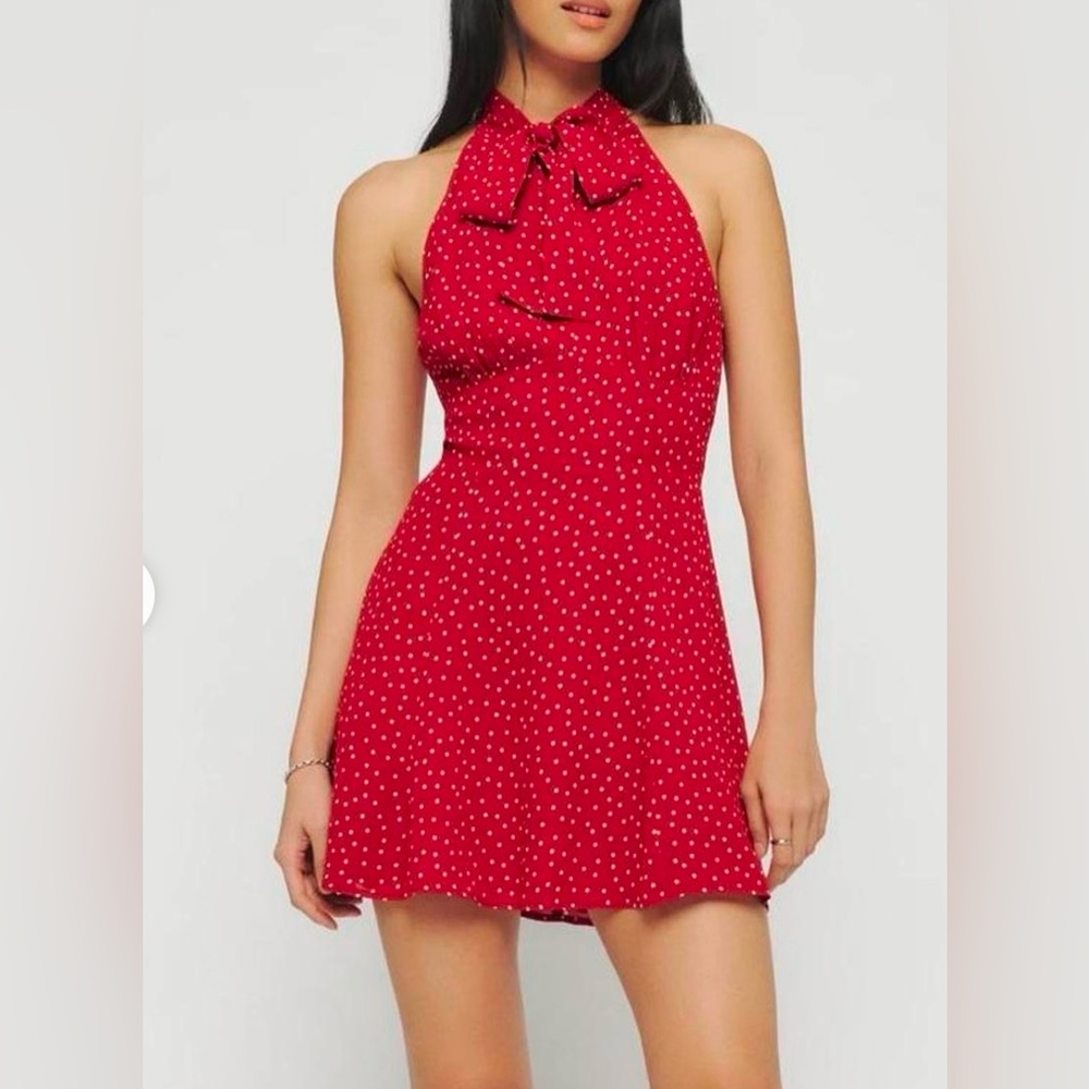 Red and white reformation polka dot mini dress with bow neck